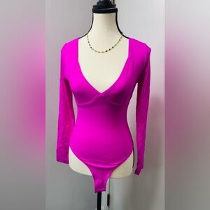 Women's Vibrant Pink Long Sleeve Bodysuit Sexy V-Neck Bodycon Stretch Tops XS